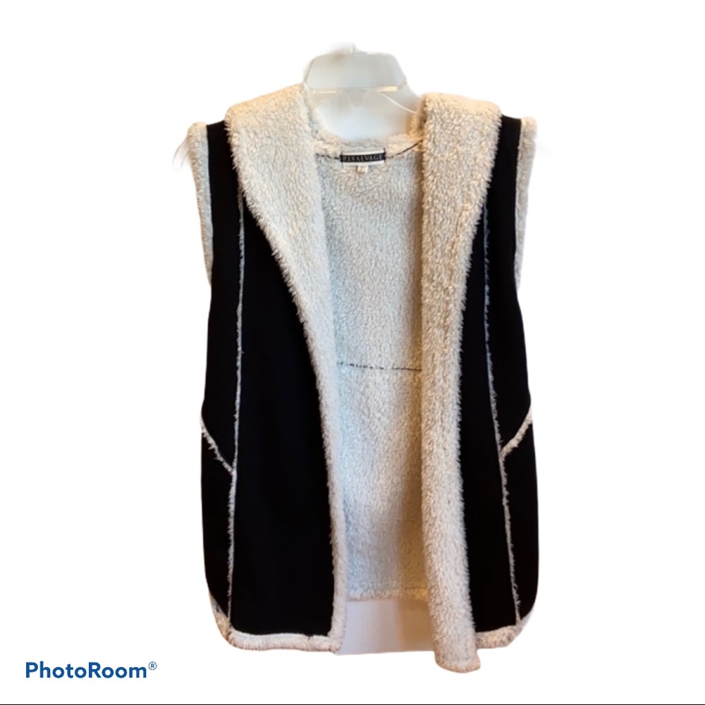 PJ Salvage Black & White Faux Shearling Trim Vest